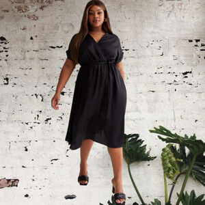 New Look Black satin faux Wrap cap sleeve V neck belted midi Dress Size 26